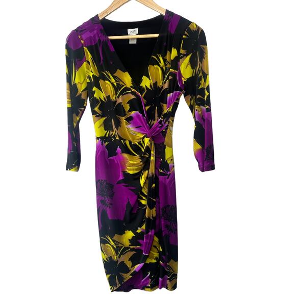 Cache Dresses & Skirts - CACHE Purple & Black Tropical Floral Faux Sheath Wrap Dress Women's Small